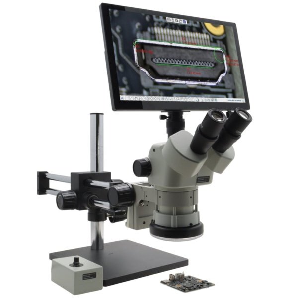 Aven 26800B-729 Microscope, 50X, Double Arm Boom Stand, w/Mighty Cam Eidos 4K XL Camera/Monitor, Stereo Zoom Series