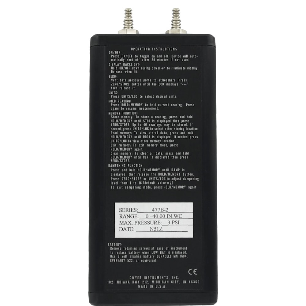 Dwyer 477B-2 - Handheld Digital Manometer, 0 to 40" w.c. (0 to 9.96 kPa) 2 Dwyer 477B-2 - Handheld Digital Manometer, 0 to 40" w.c. (0 to 9.96 kPa) - Image 2