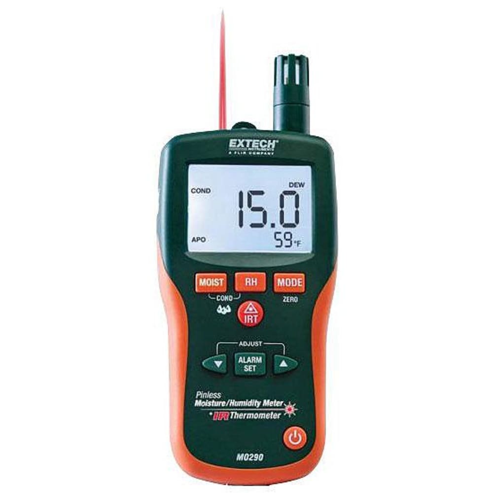 Extech MO290 Moisture Meters - Measurement Methods (Moisture Meter): Pin, Pinless, Materials Tested: Wood, Measure Temperature: Yes 1 Extech MO290 Moisture Meters - Measurement Methods (Moisture Meter): Pin, Pinless, Materials Tested: Wood, Measure Temperature: Yes