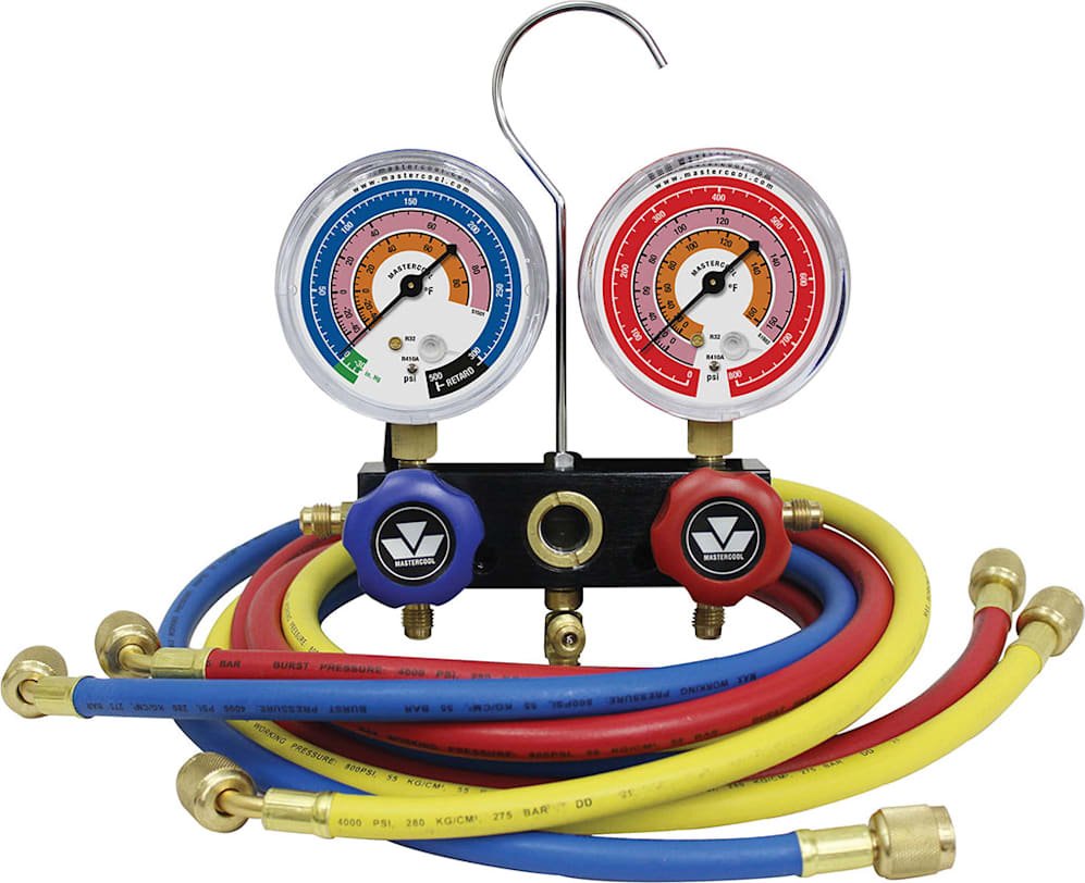Mastercool 51172 - Aluminum 2-Way Manifold Gauge Set w/3-72 Hoses w/Standard 1/4 Fittings/3 1/8 inch Gauge 1 Mastercool 51172 - Aluminum 2-Way Manifold Gauge Set w/3-72 Hoses w/Standard 1/4 Fittings/3 1/8 inch Gauge