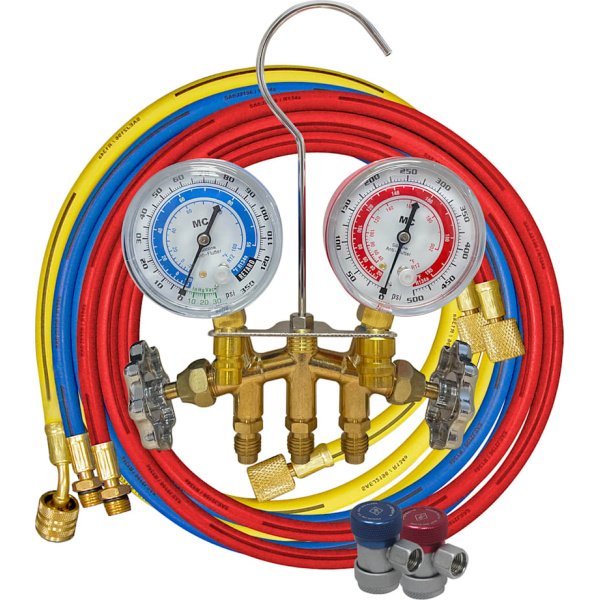 Mastercool 84136 - R134a 2-Way Brass Manifold Gauge Set, 3 1/8″ Gauges, 3 - 36″ Hoses