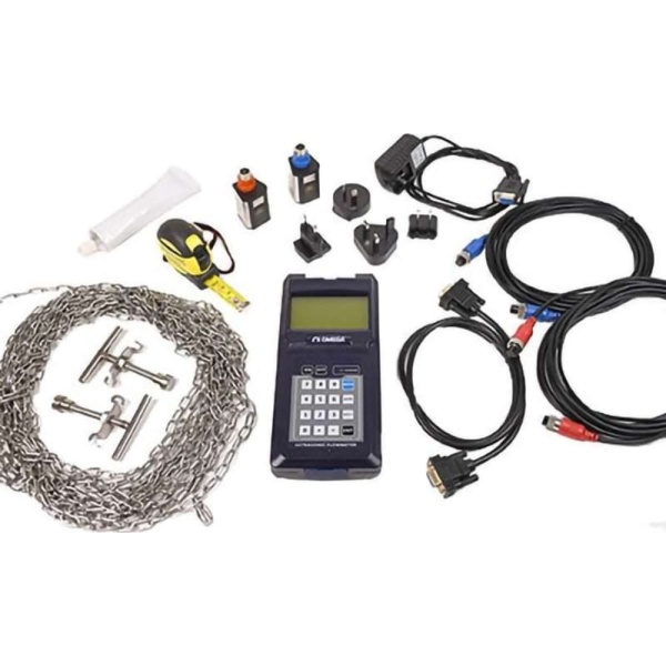 Omega FDT-25 - Ultrasonic Flow Meter Kit, Portable, Digital, Clean Fluids, 0.03 FPS to 105 FPS, 3/4" to 4" Pipe, +/- 1 %, Rechargeable Battery, Handheld with Transducers, LCD Display